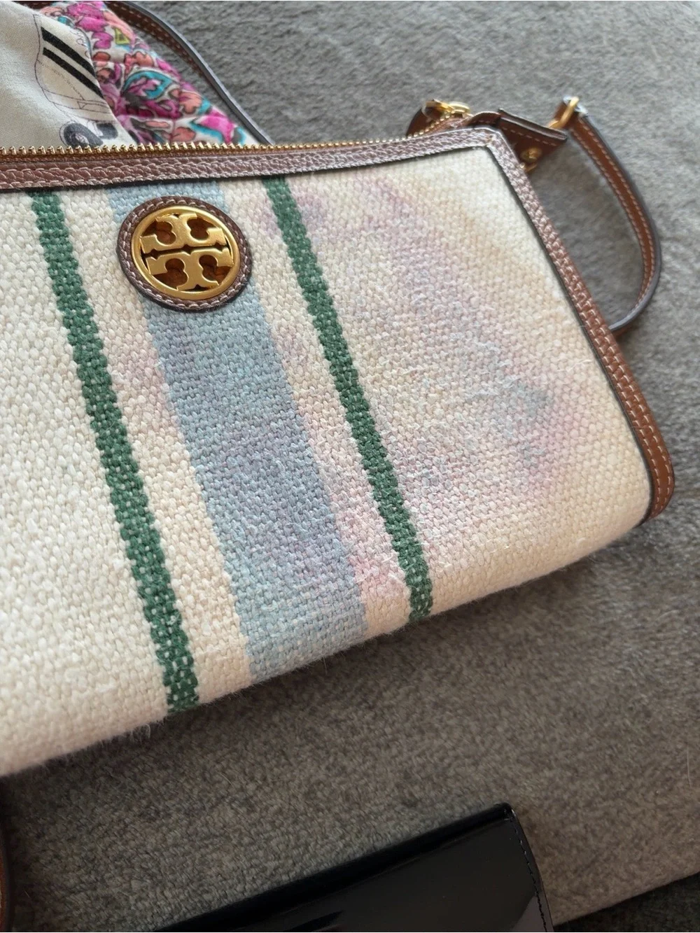 Tory Burch Cream Canvas Crossbody with Brown Trim and Green/Blue Stripes
